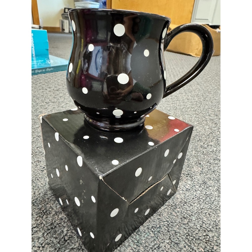 Temp-tations by Tara Polka Dot Coffee Mug 14oz Black White Ceramic with Box